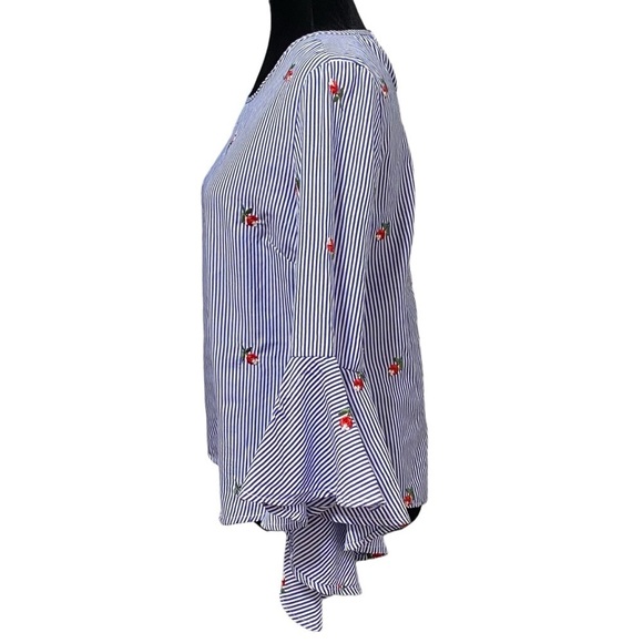 Kontrol Striped Embroidered Floral Bell Sleeve Boho Top Medium - Picture 3 of 8